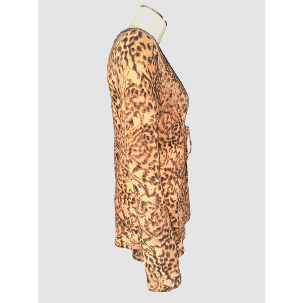 Dana Buchman Size M Brown Leopard Print Merino Wool Beaded Tunic Sweater Blouse - Picture 5 of 13